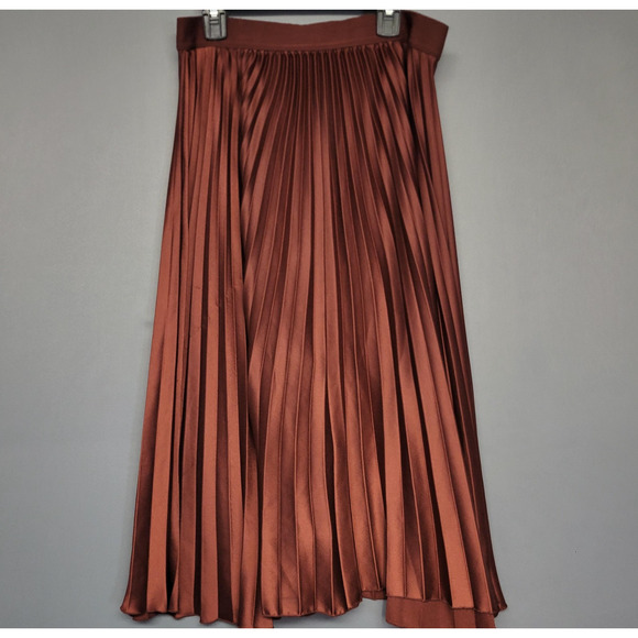 H&M Skirt Womens 12 Rust Brown Pleated Satin Midi Elastic Waist Accordion Flowy - Picture 1 of 10